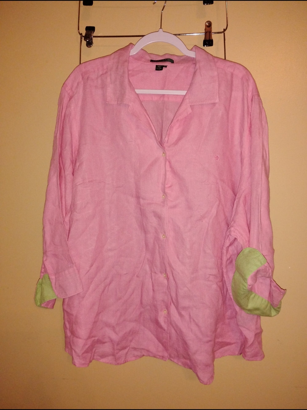 Ralph Lauren Pink Linen Button-Down Shirt with Green Cuff Detail